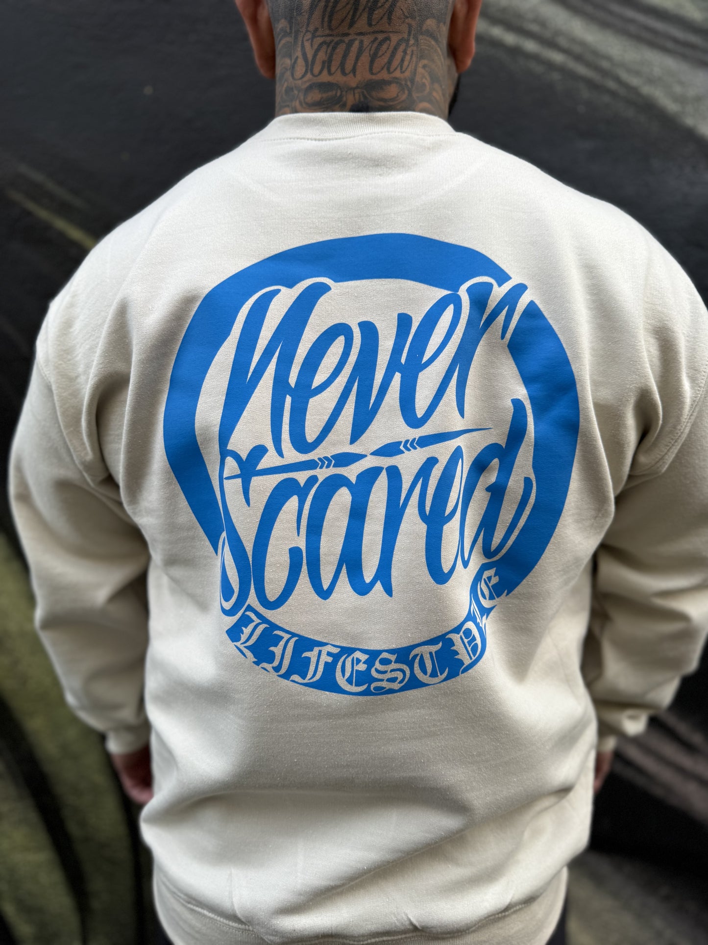 Khaki/blue crewnecks