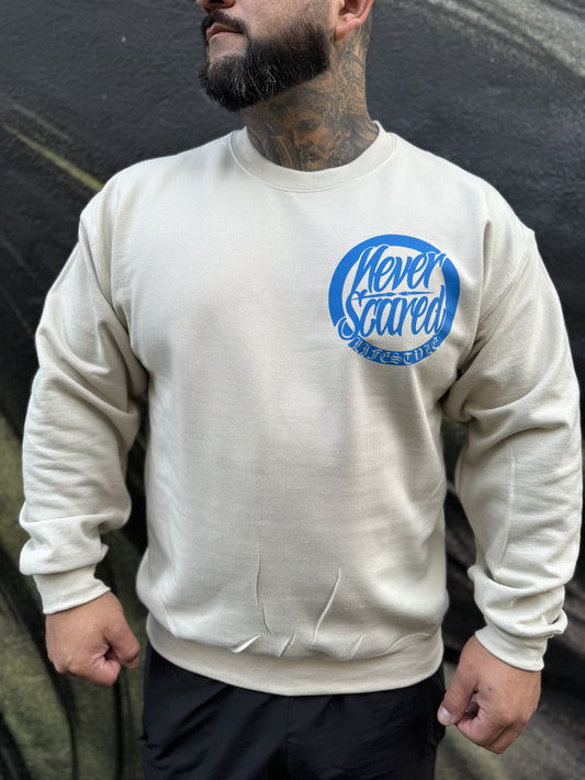 Khaki/blue crewnecks